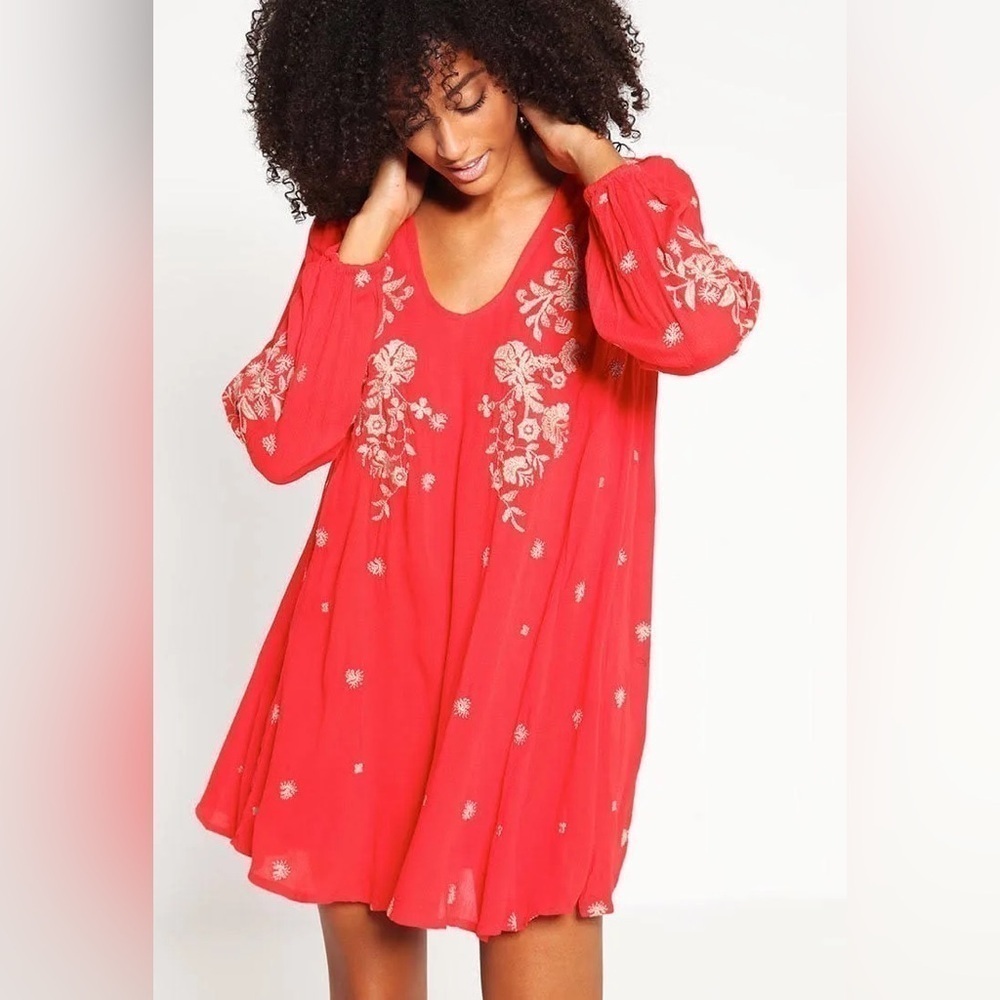 Free People “Sweet Tennessee” Mini Dress in Red with grey embroidery - Size S